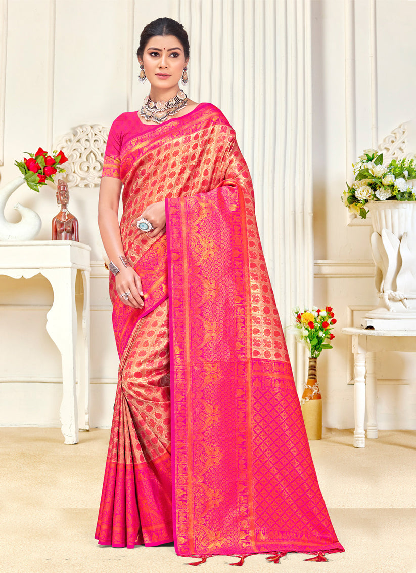 Peach Kanjivaram Silk Woven Saree