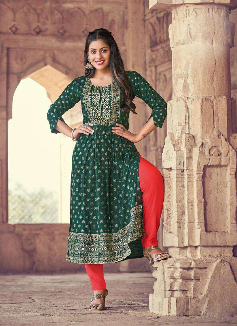 Green Rayon Printed Designer Kurti