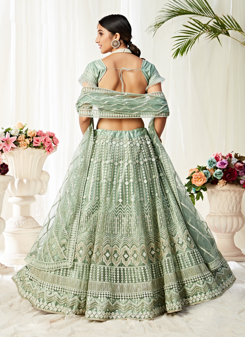 Mint Net Lucknowi Work Designer Lehenga Choli