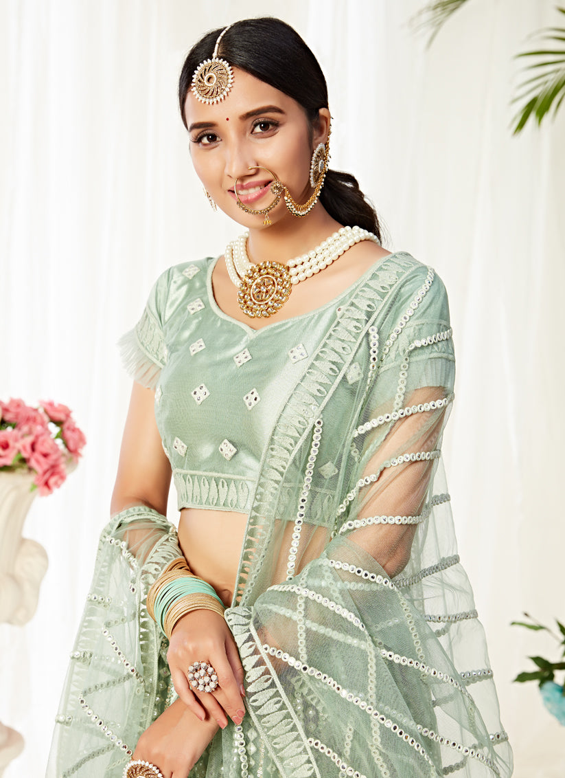 Mint Net Lucknowi Work Designer Lehenga Choli