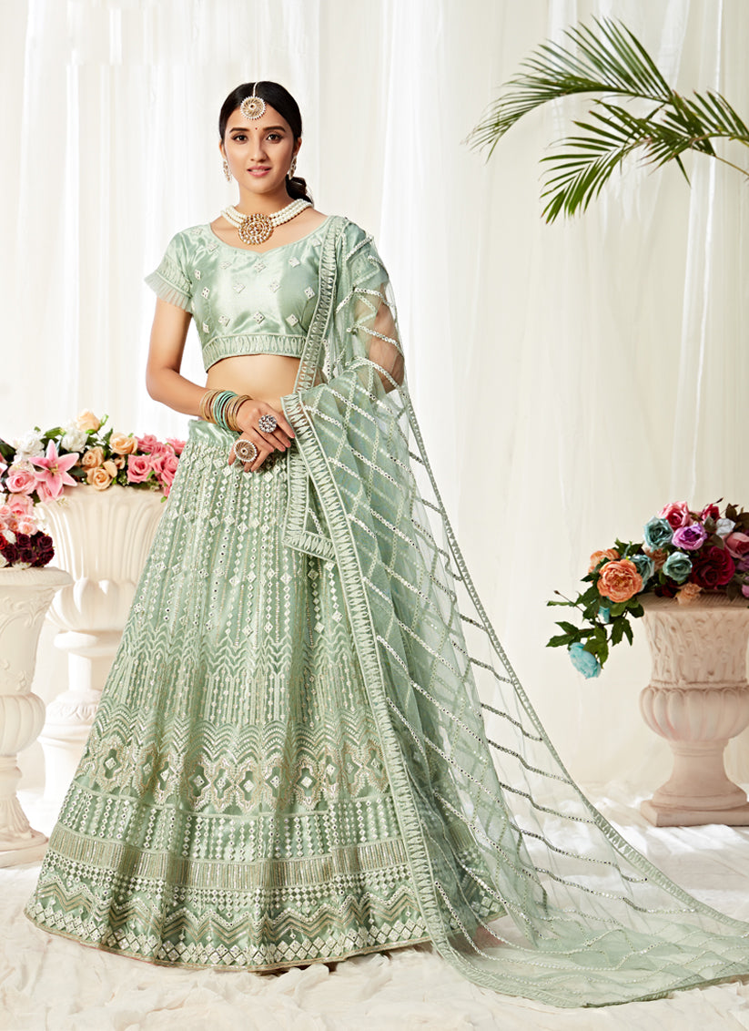 Mint Net Lucknowi Work Designer Lehenga Choli