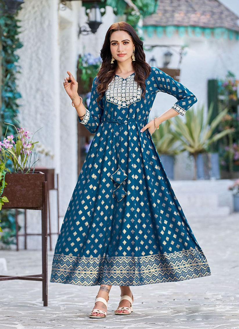 Blue Rayon Printed Long Kurti