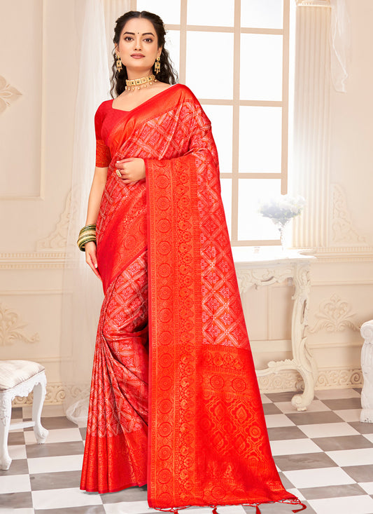 Coral Red Kanjivaram Silk Woven Saree