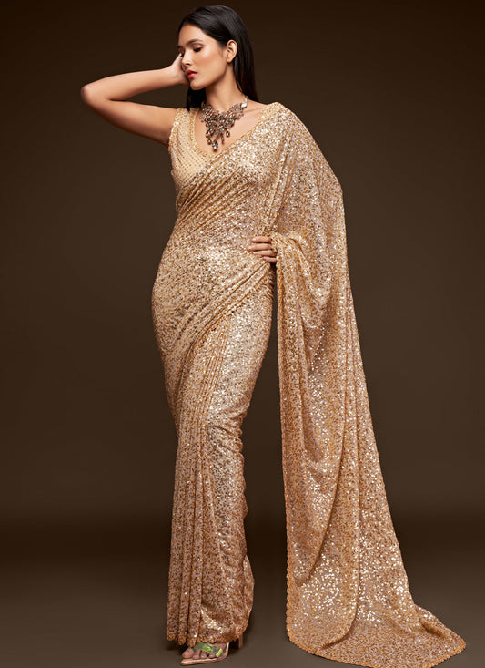 Ivory Georgette Thread and Sequins Embroidery Saree