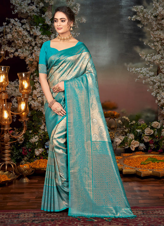 Silver Kanjivaram Silk Woven Saree For Festival