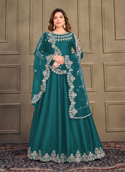 Peacock Green Art Silk Embroidered Anarkali Suit