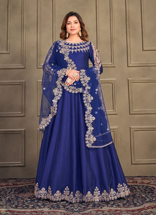 Royal Blue Art Silk Embroidered Anarkali Suit
