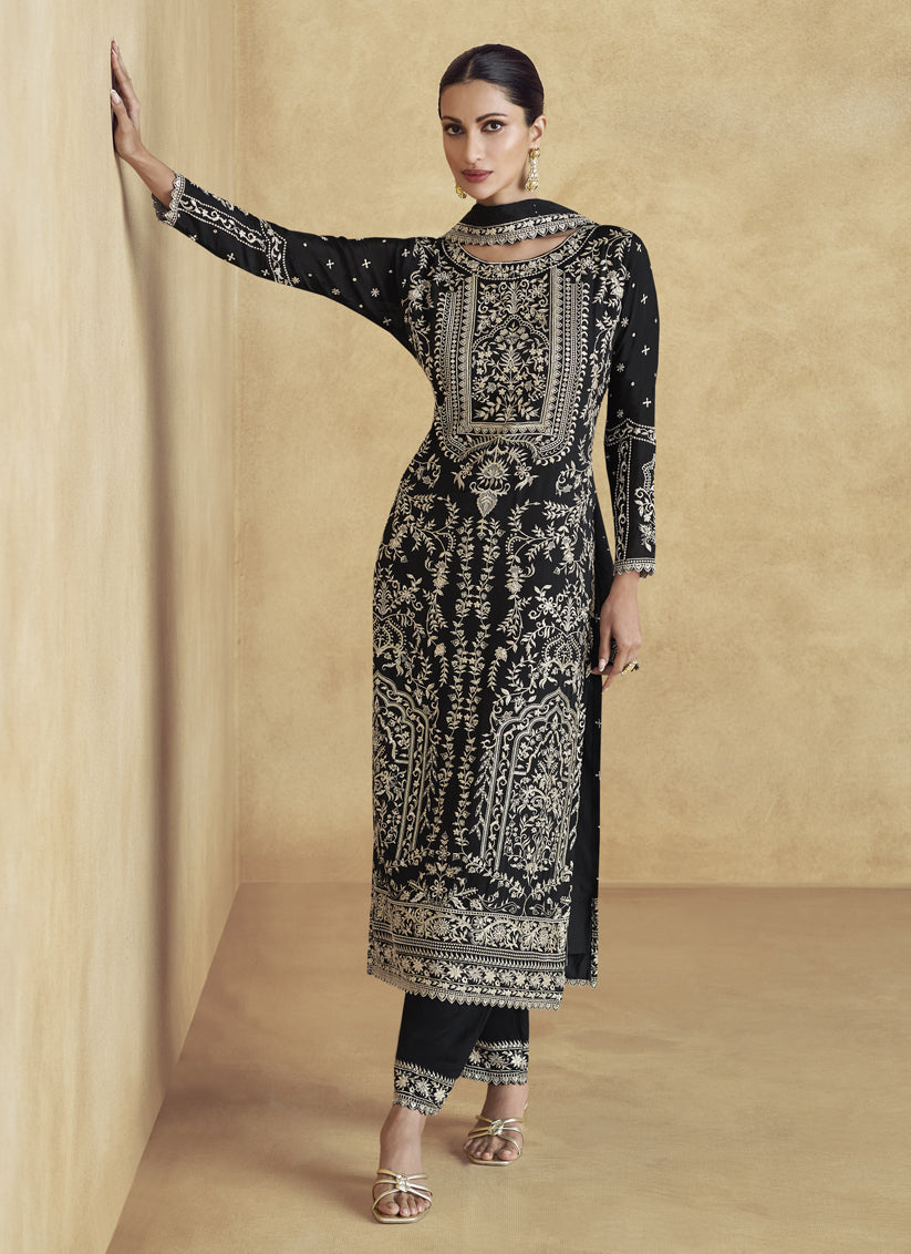 Black Chinnon Silk Embroidered Pant Kameez