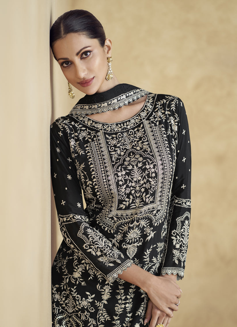 Black Chinnon Silk Embroidered Pant Kameez