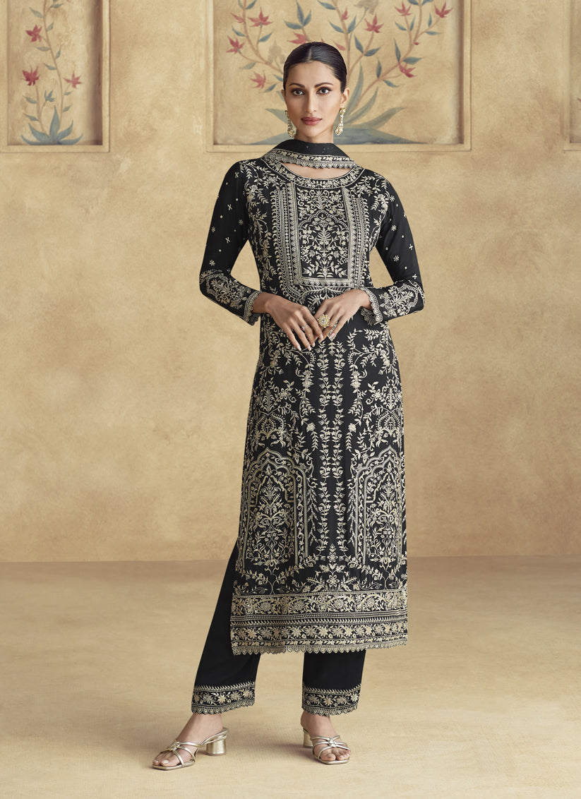 Black Chinnon Silk Embroidered Pant Kameez