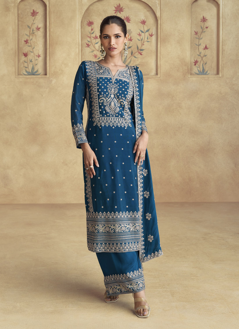 Peacock Blue Chinnon Silk Embroidered Palazzo Kameez