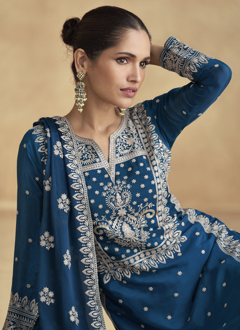 Peacock Blue Chinnon Silk Embroidered Palazzo Kameez