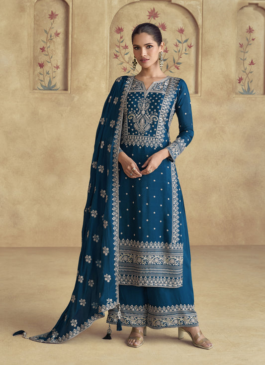 Peacock Blue Chinnon Silk Embroidered Palazzo Kameez