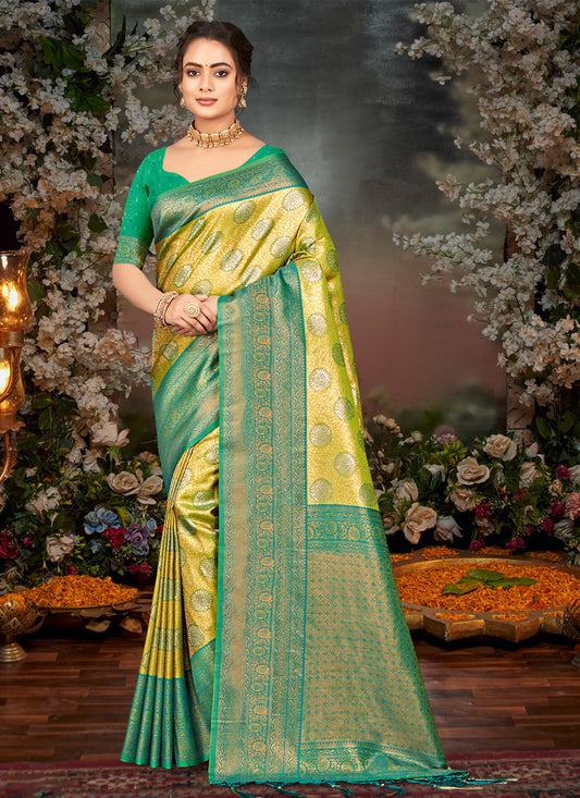 Lemon Yellow Kanjivaram Silk Woven Saree For Festival