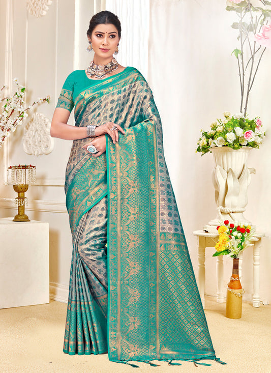 Silver Grey Kanjivaram Silk Woven Saree