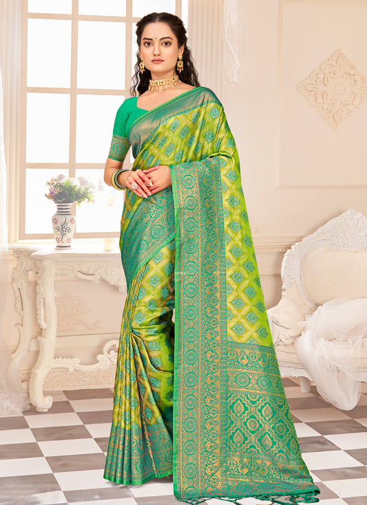 Lime Green Kanjivaram Silk Woven Saree