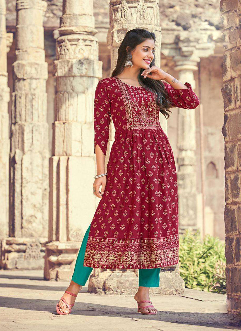 Maroon Rayon Printed Designer Kurti