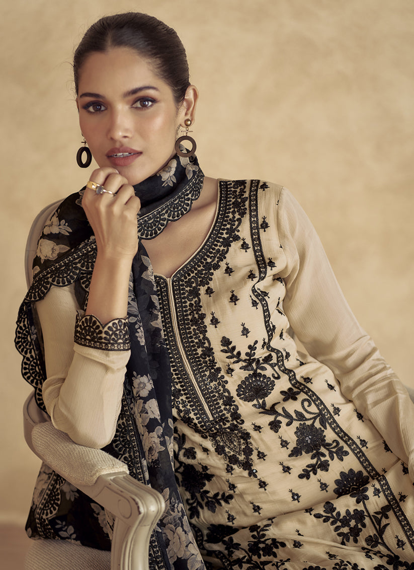 Beige Chinnon Silk Embroidered Palazzo Kameez