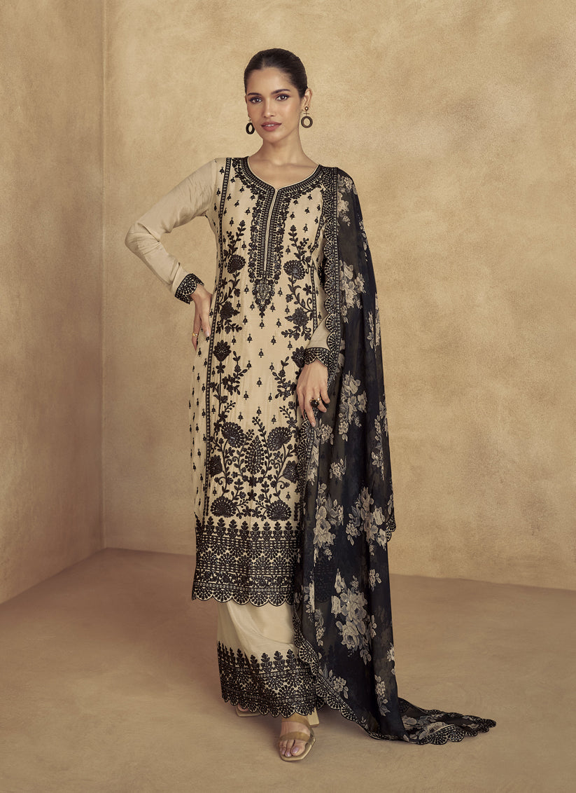 Beige Chinnon Silk Embroidered Palazzo Kameez