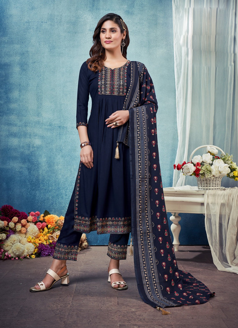 Navy Blue Heavy Rayon Embroidered Kurti Set