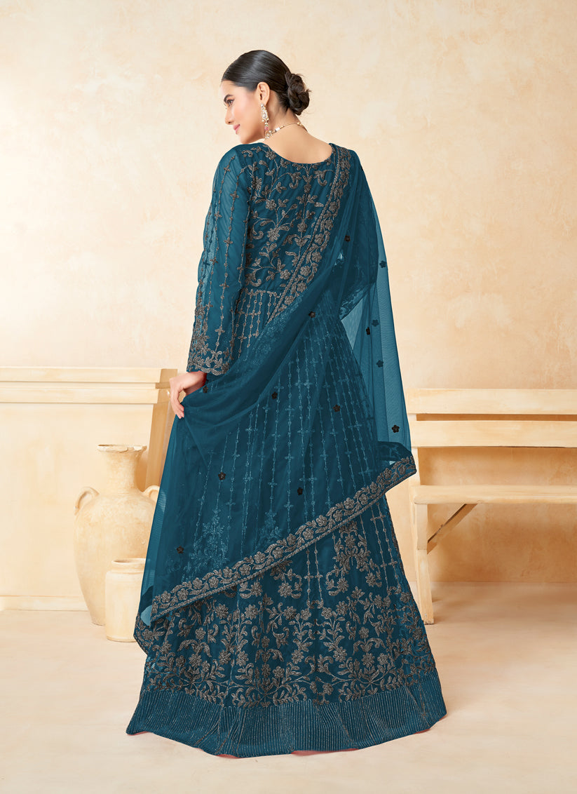 Peacock Blue Net Embroidered Anarkali Suit