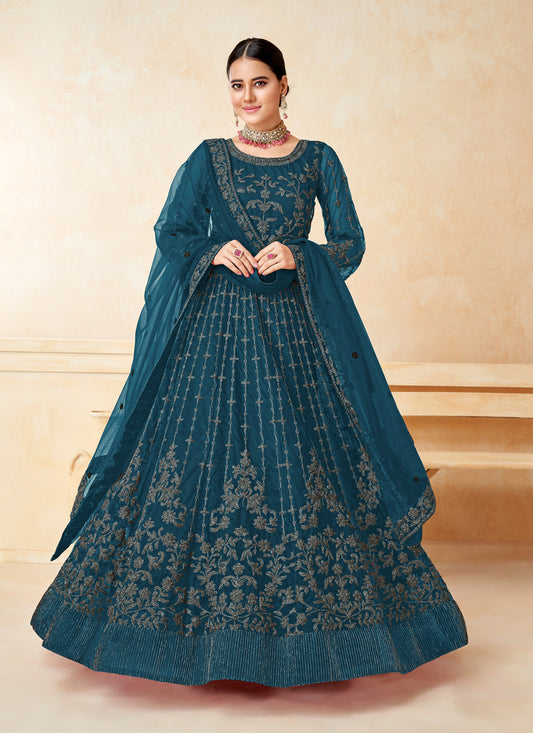 Peacock Blue Net Embroidered Anarkali Suit