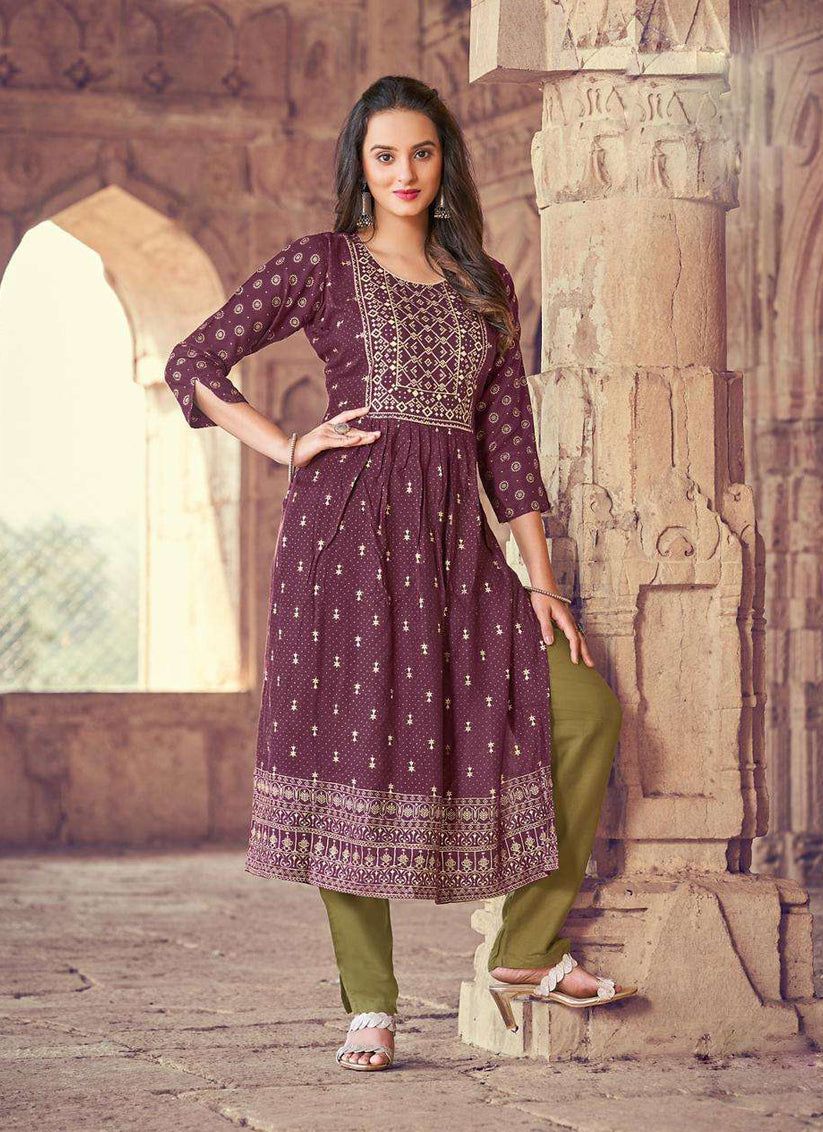 Burgundy Rayon Printed Designer Kurti