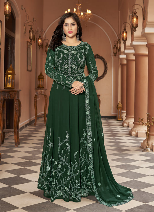 Bottle Green Faux Georgette Embroidered Anarkali Suit