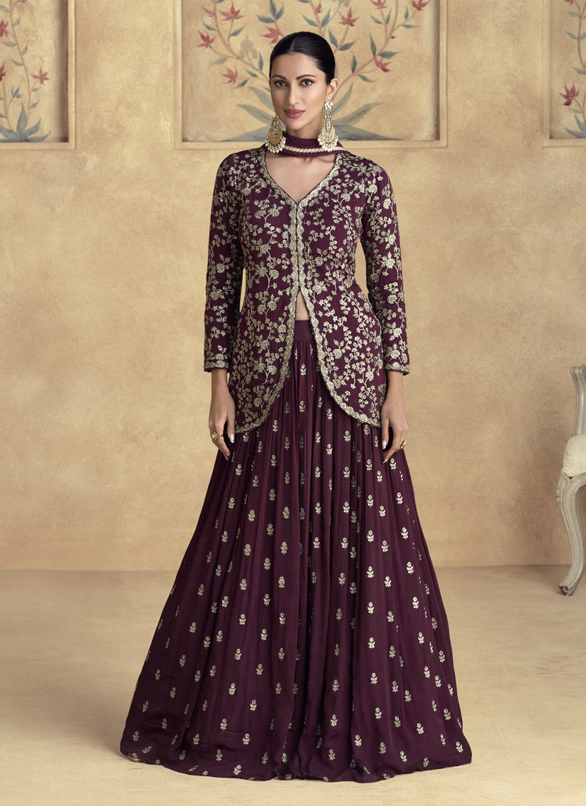 Maroon Chinnon Silk Embroidered Designer Lehenga Set