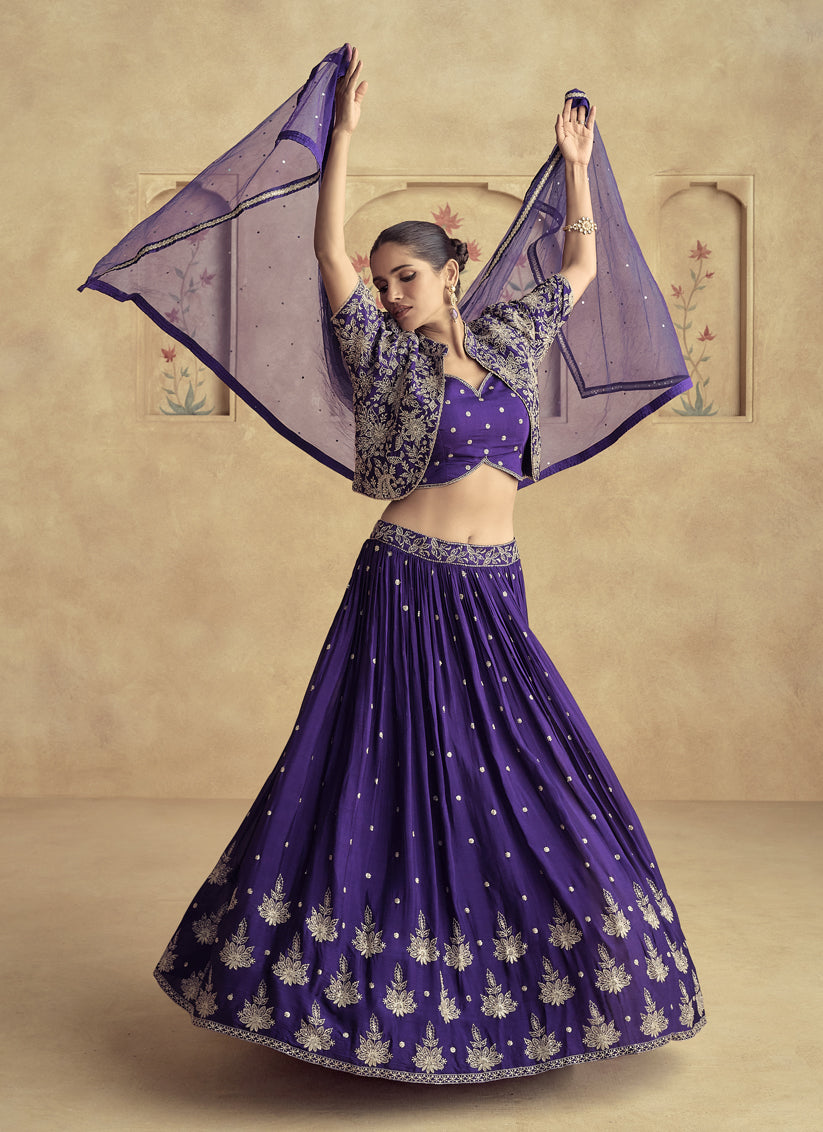 Purple Chinnon Silk Embroidered Designer Lehenga Set