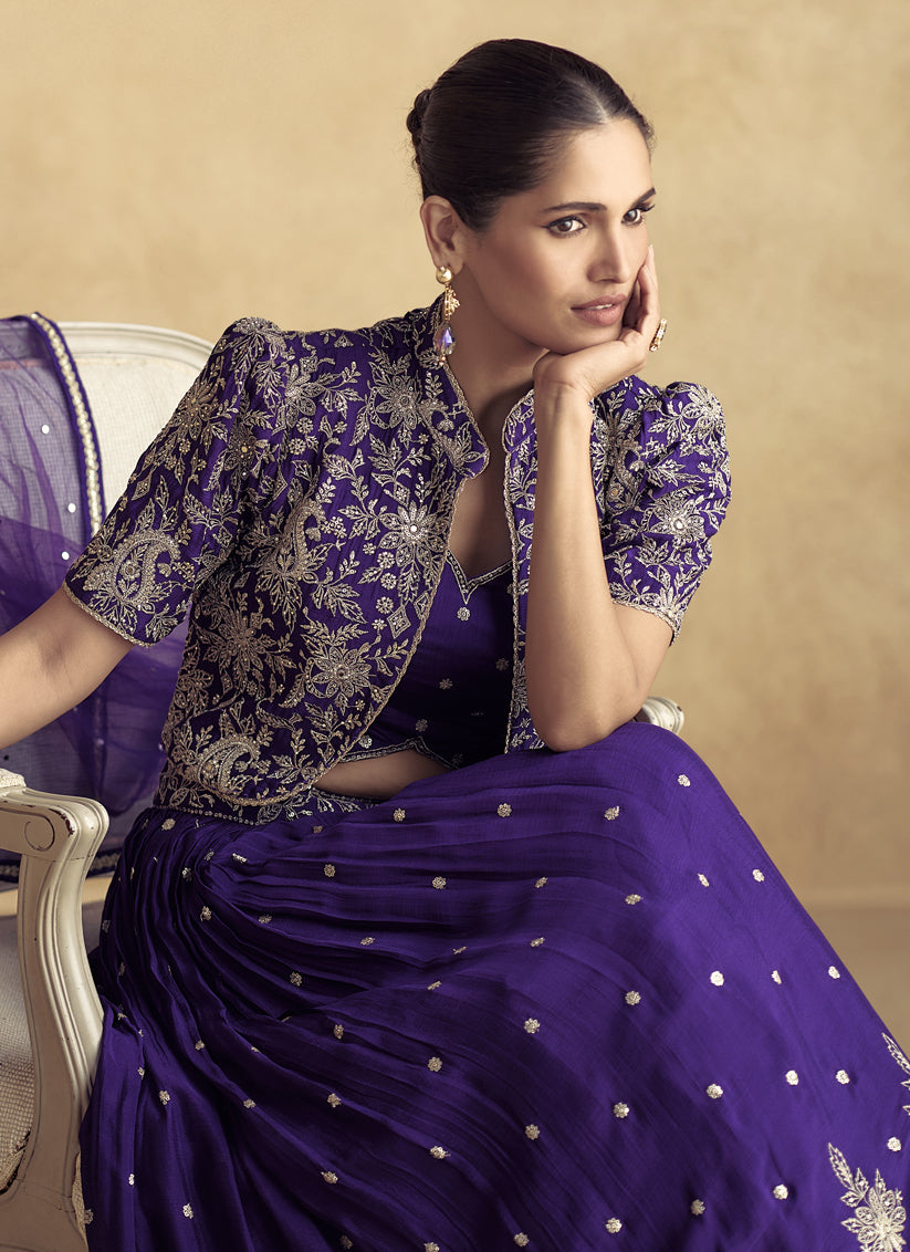 Purple Chinnon Silk Embroidered Designer Lehenga Set