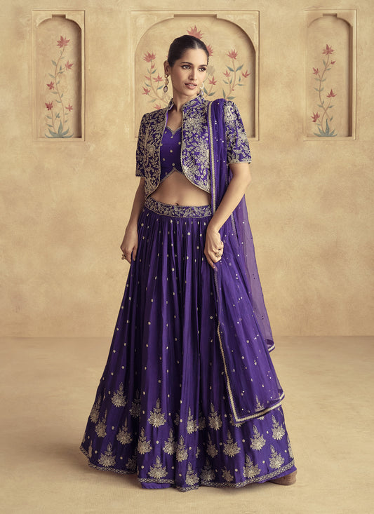 Purple Chinnon Silk Embroidered Designer Lehenga Set