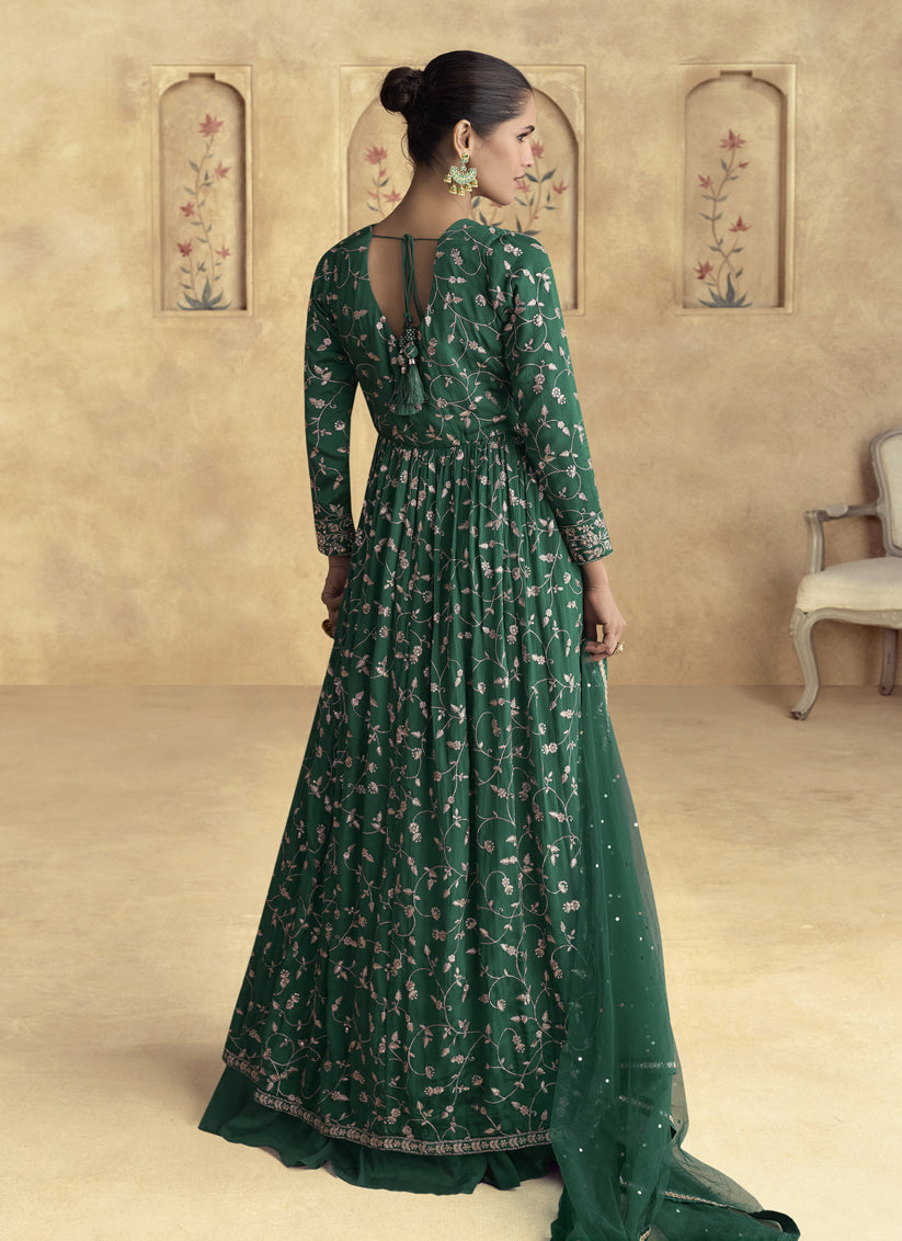 Emerald Green Chinnon Silk Embroidered Designer Lehenga Kameez