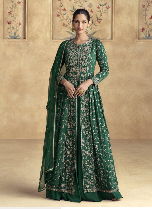 Emerald Green Chinnon Silk Embroidered Designer Lehenga Kameez