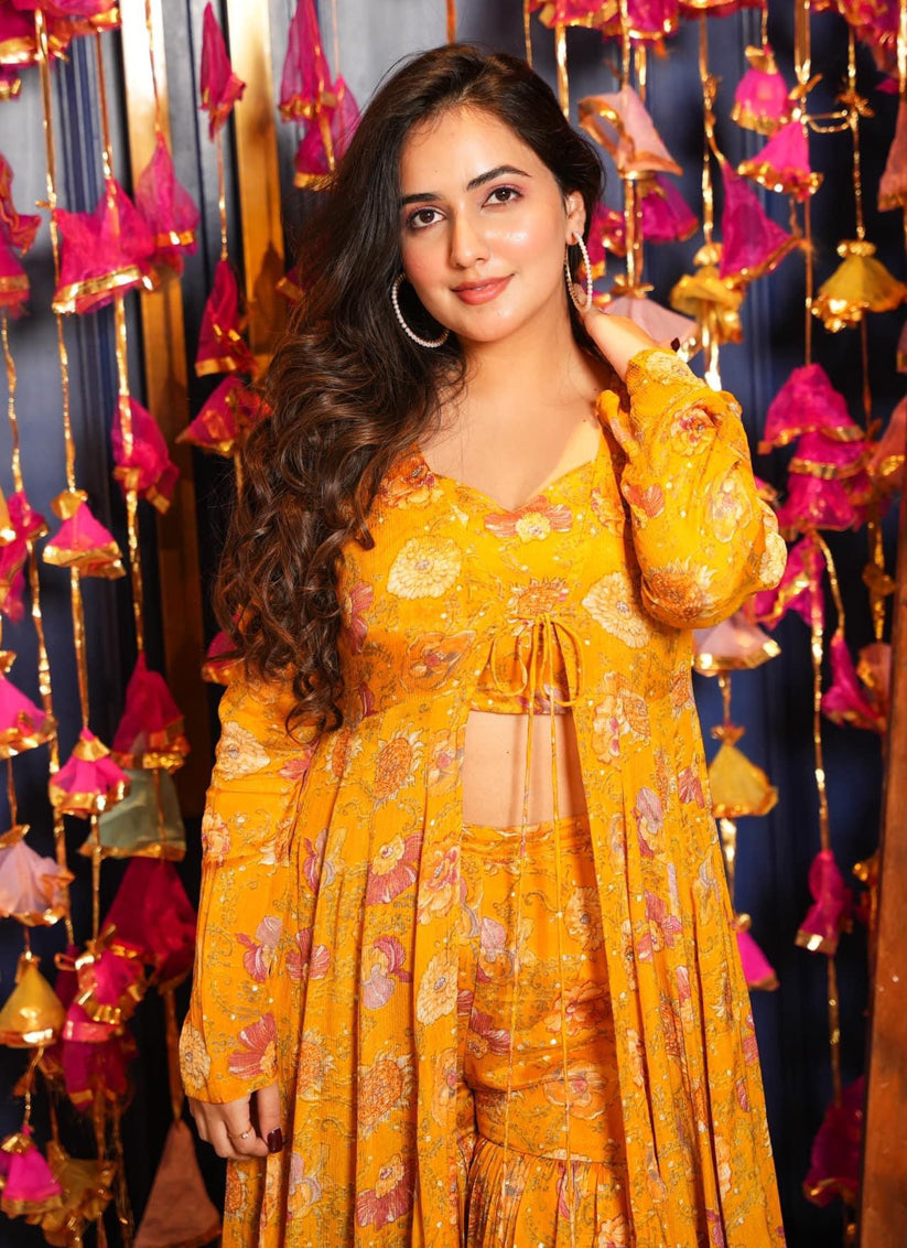 Turmeric Yellow Chinnon Printed Plus Size IndoWestern