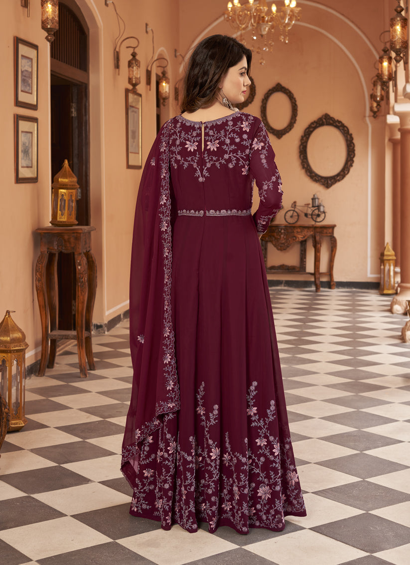 Maroon Faux Georgette Embroidered Anarkali Suit