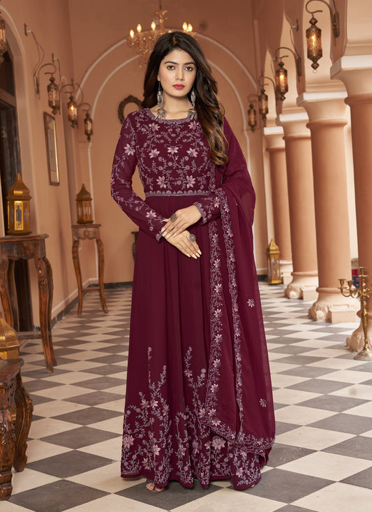 Maroon Faux Georgette Embroidered Anarkali Suit