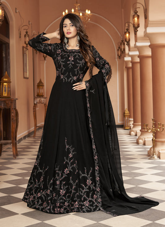 Black Faux Georgette Embroidered Anarkali Suit