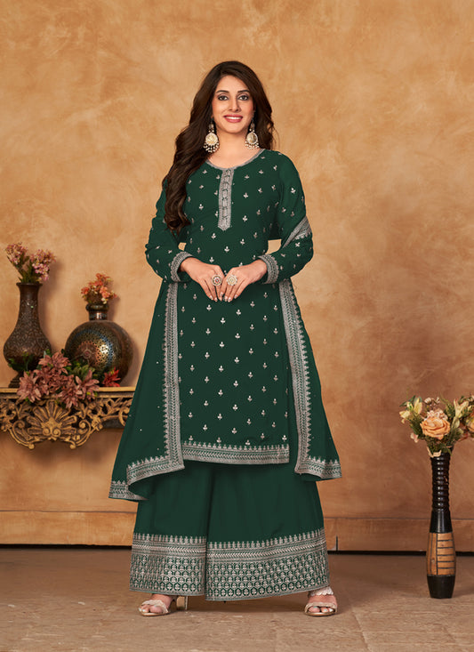 Pine Green Faux Georgette Embroidered Palazzo Kameez