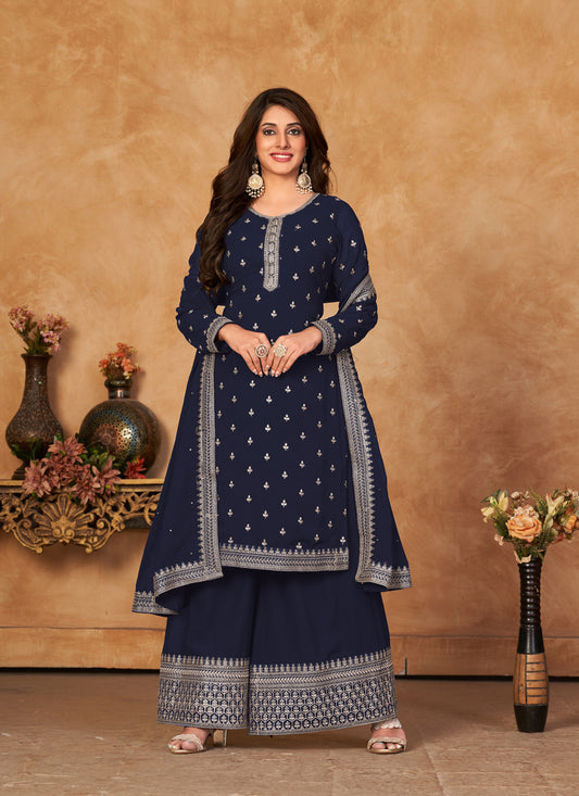 Navy Blue Faux Georgette Embroidered Palazzo Kameez