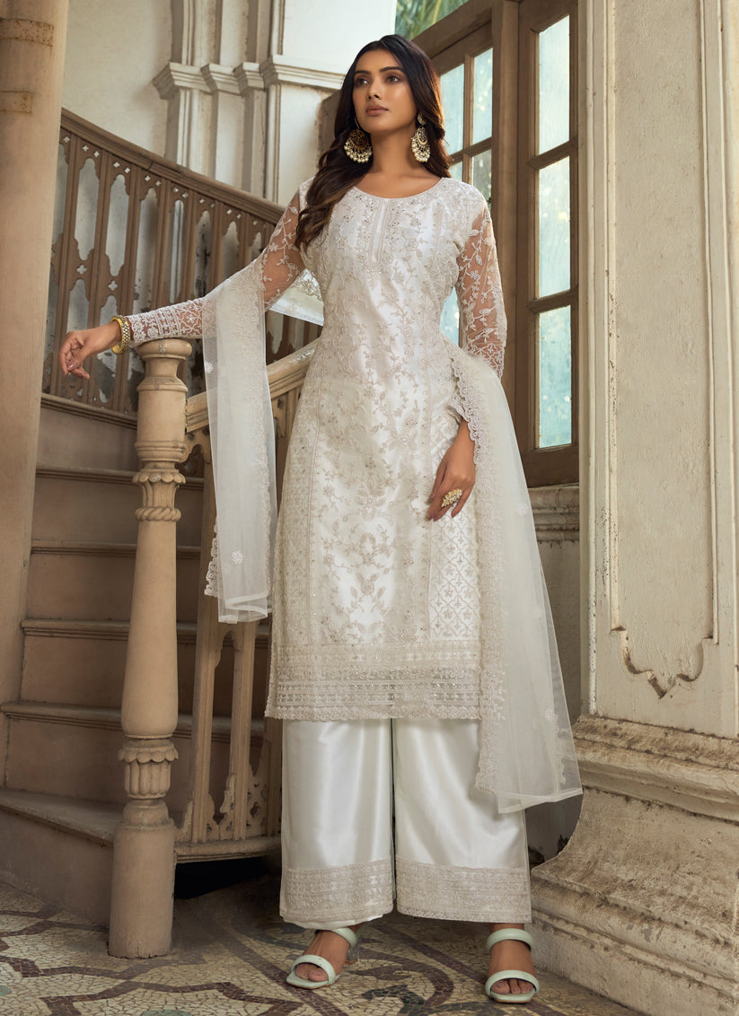 White Heavy Butterfly Net Palazzo Suit