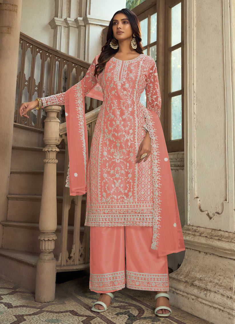 Peach Heavy Butterfly Net Palazzo Suit