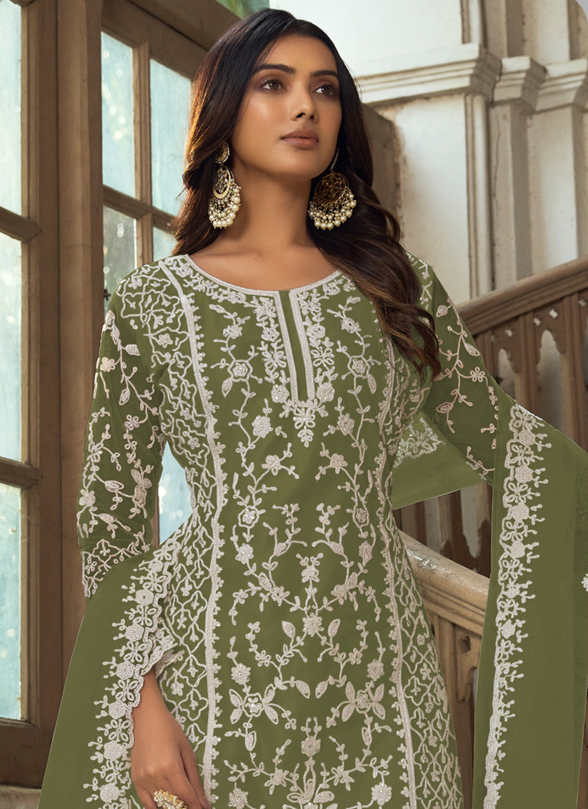 Olive Green Heavy Butterfly Net Palazzo Suit