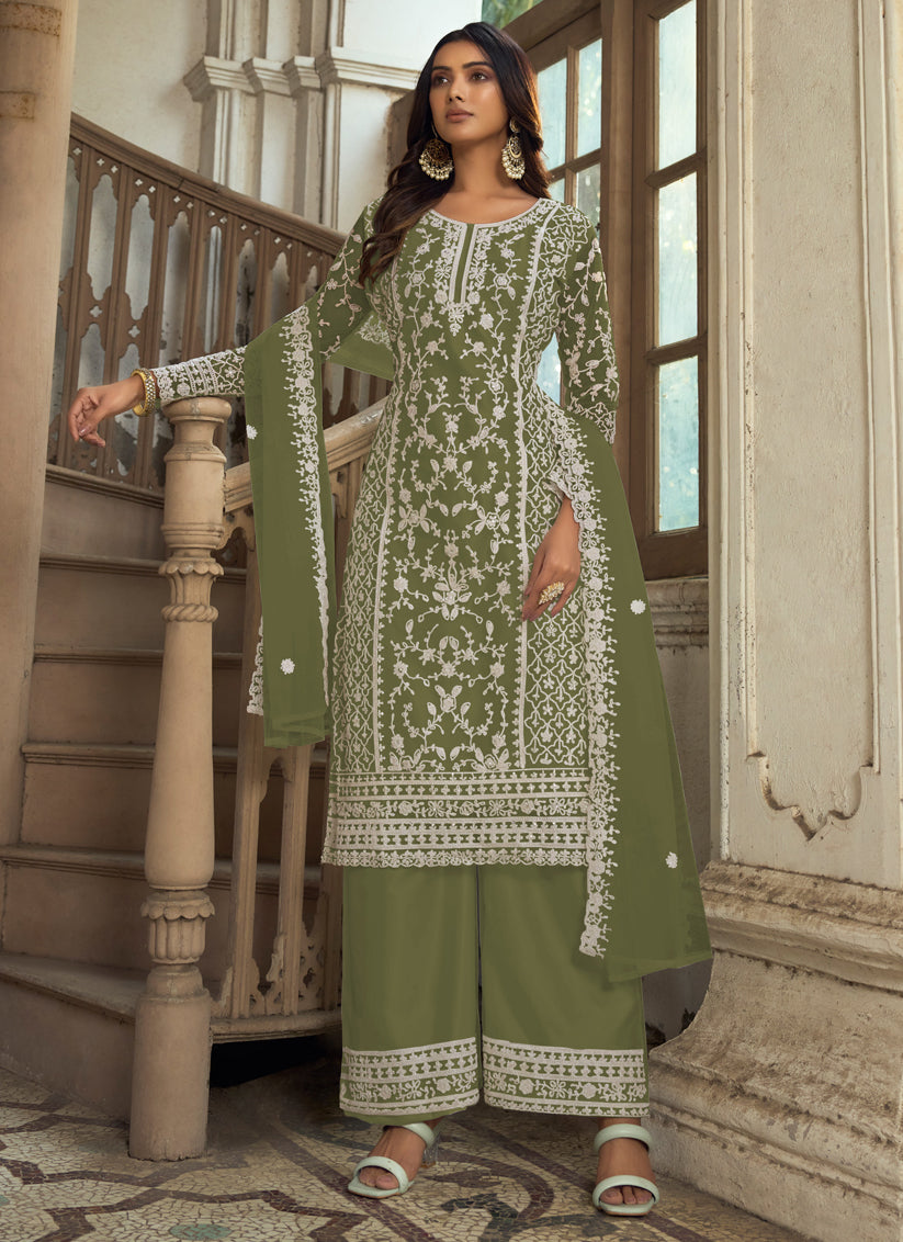 Olive Green Heavy Butterfly Net Palazzo Suit