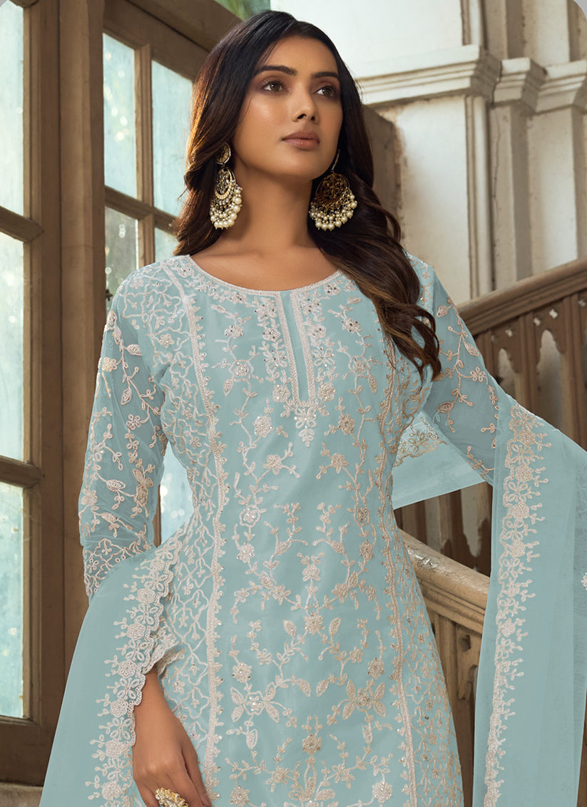 Mint Blue Heavy Butterfly Net Palazzo Suit