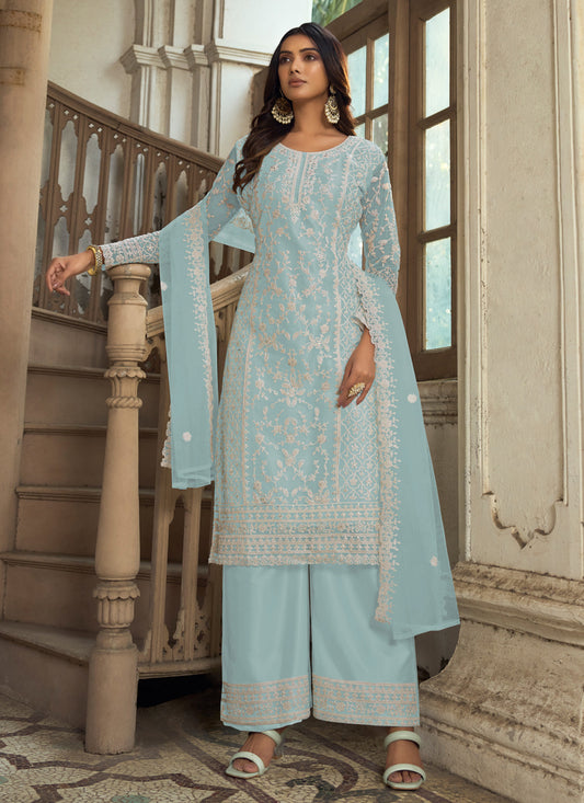 Mint Blue Heavy Butterfly Net Palazzo Suit