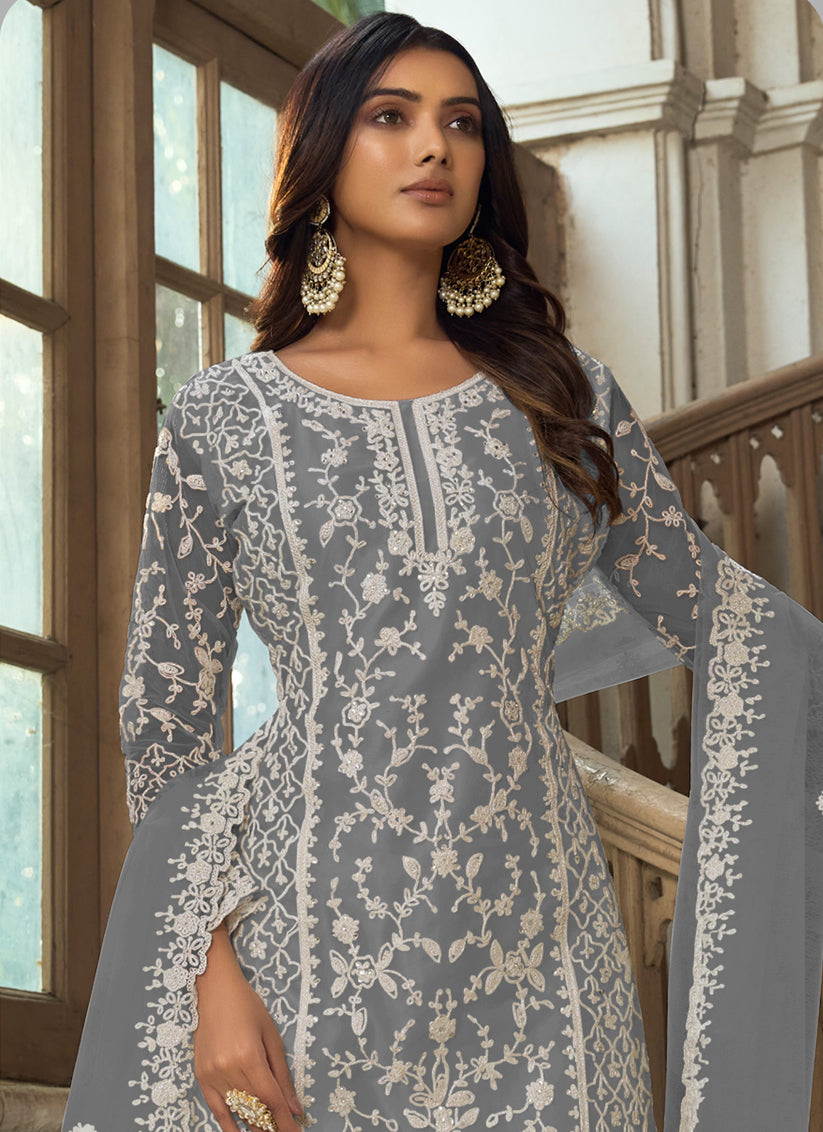 Grey Heavy Butterfly Net Palazzo Suit