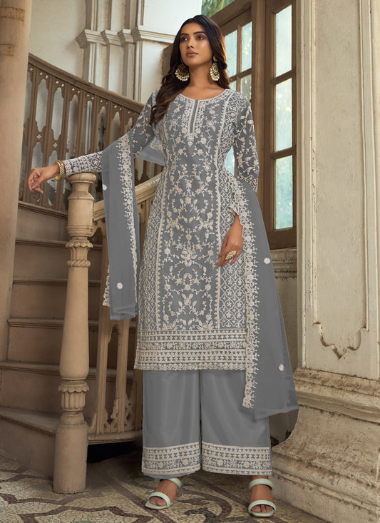 Grey Heavy Butterfly Net Palazzo Suit