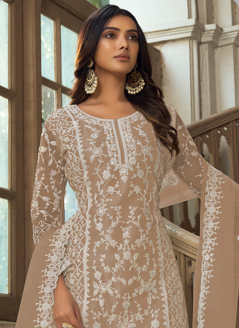 Beige Heavy Butterfly Net Palazzo Suit