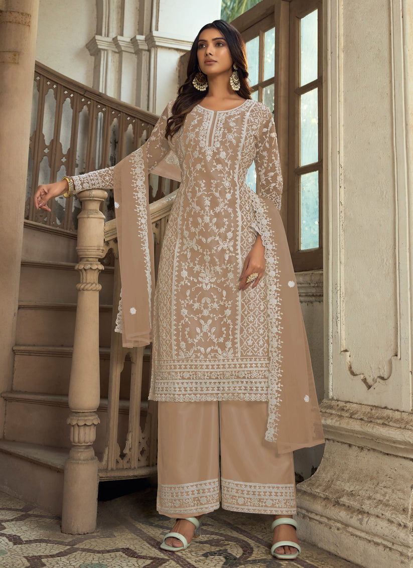 Beige Heavy Butterfly Net Palazzo Suit